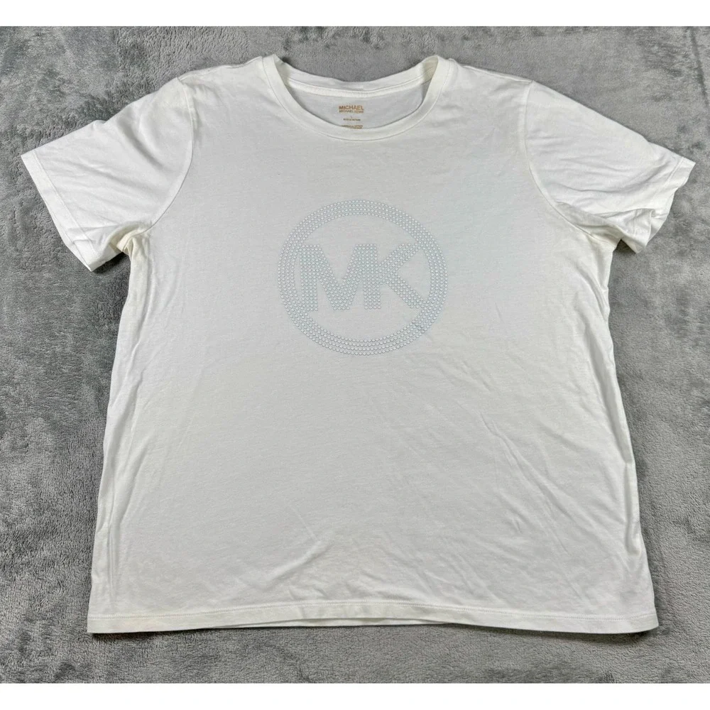 Michael‎ Kors Women's T-Shirt White MK Logo Rhinestones Short Sleeve L
